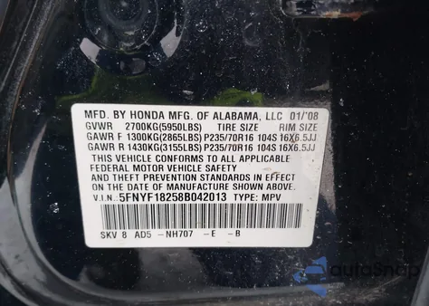 2008 Honda Pilot Vp из США, поврежденный, VIN 5FNYF18258B042013